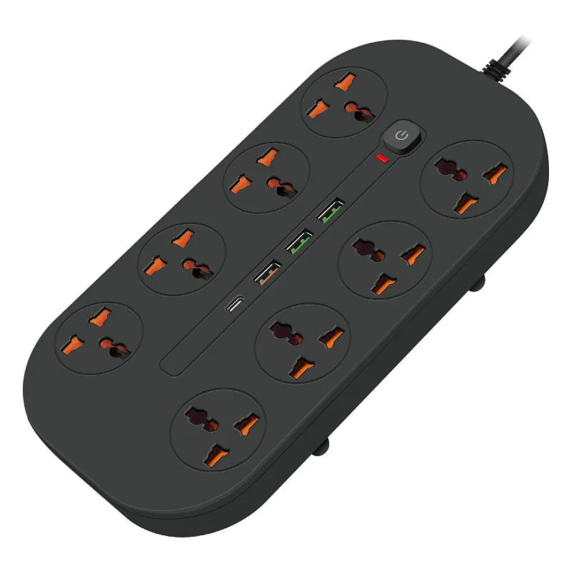 Power Strip EU UK US Plug Surge Protector Socket 2m Extension Cord with 3 USB 1 Type-C Ports 6/8 Jacks Universal Outlet for Home