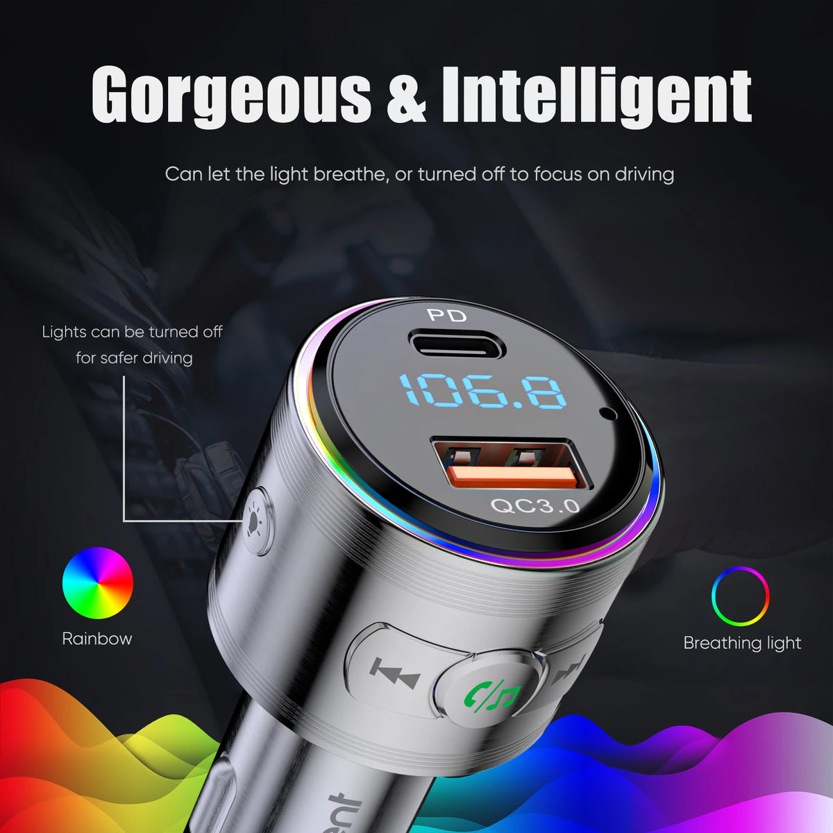 LENCENT Bluetooth 5.3 FM Transmitter Full Metal Bluetooth Car Adapter with PD 20W &amp; QC3.0 Fast Charger Hi-Fi Music Adapter