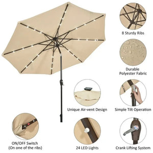 10ft Patio Solar Umbrella LED Patio Market Steel Tilt W/ Crank Outdoor Beige Large Garden Umbrellas for Garden and Terrace