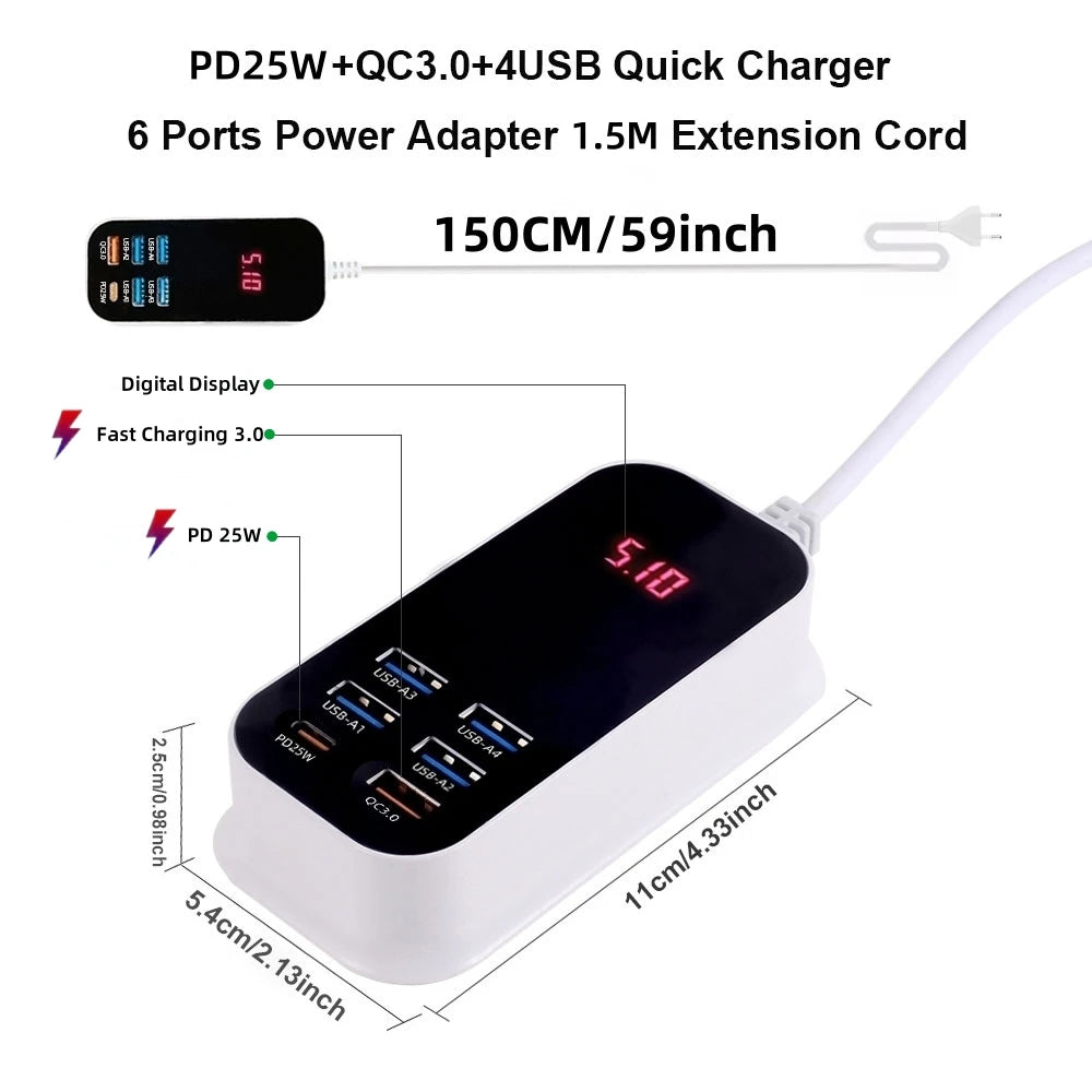 50W Multiple Port USB Charger PD25W Type C QC3.0 Fast Charging Desktop Wall Power Adapter Phone UK EU US Korea Plug Quick Charge