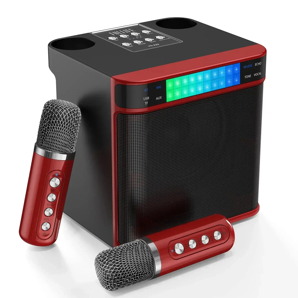 2 Mic Karaoke Machine Portable PA Speaker System Wireless Microphone Voice Changer Colorful LED Light Sing for Home Kids Adults