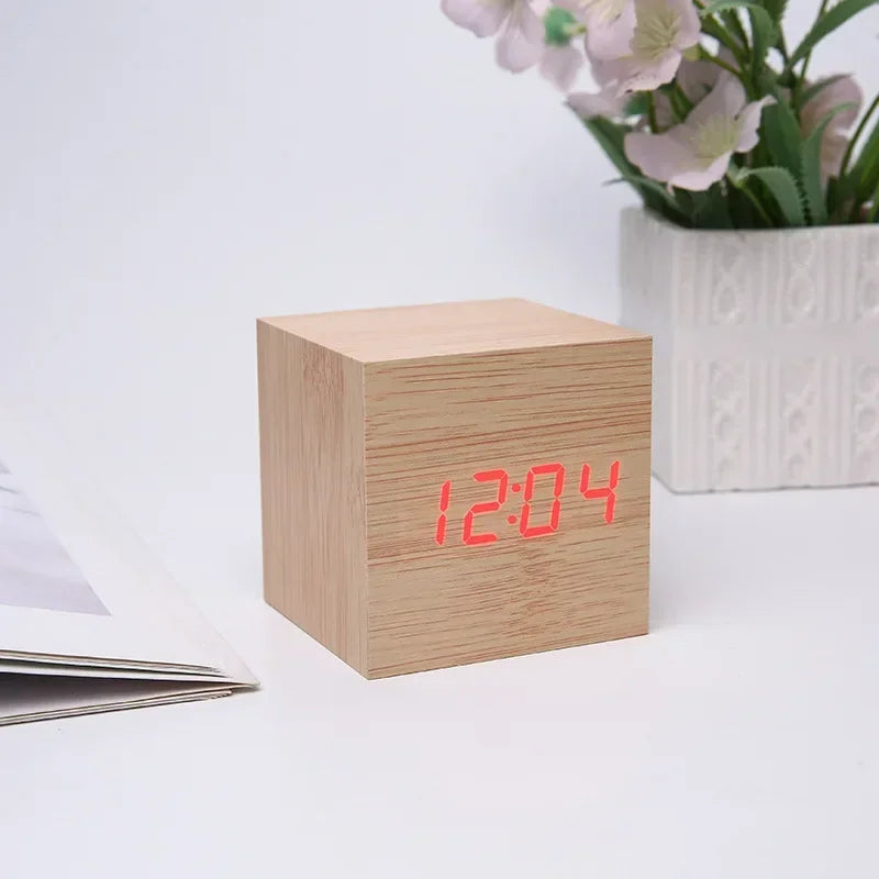 Digital Alarm Clock Wooden Alarm Clock USB/Battery Powered, Mini Cube LED Digital Clock with Time/ Date/ Temperature Display