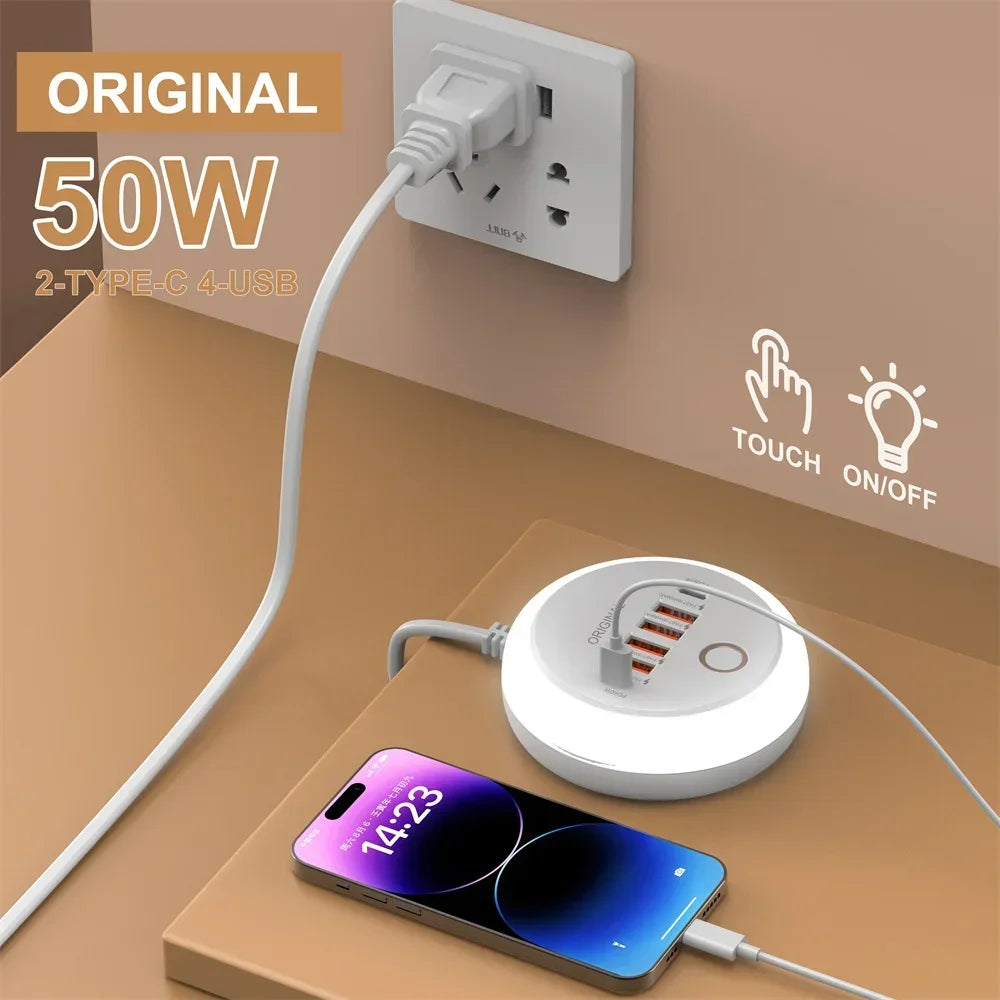 PD 50W Multi Port Charger Type C Fast Charging EU US Plug Wall Charger 6 Port USB Quick Phone Charger With Touch LED/ Fill Light