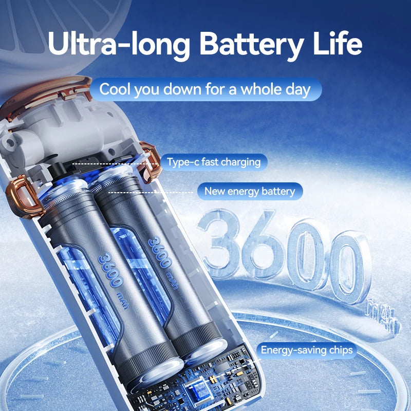 Joyroom USB Rechargeable 3600 mAh Mini Fan Handheld Foldable Portable Neck Hanging Fan 5 Speeds with Phone Stand Display Screen