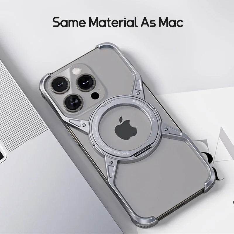 Magnetic Metal Aluminium Alloy Frameless Phone Case For iPhone 14 13 15 Pro Max 360° Stand Rimless Bumper Shockproof Metal Cover
