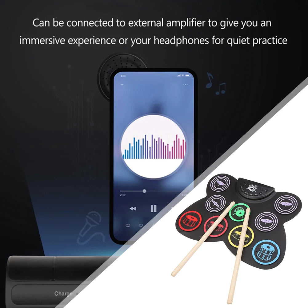 Roll Drum 9 Pads Pad Digital Drum Kit Pedal Controller with Drum Sticks Touch Sensitivity Great Holiday Birthday Gift for Kids