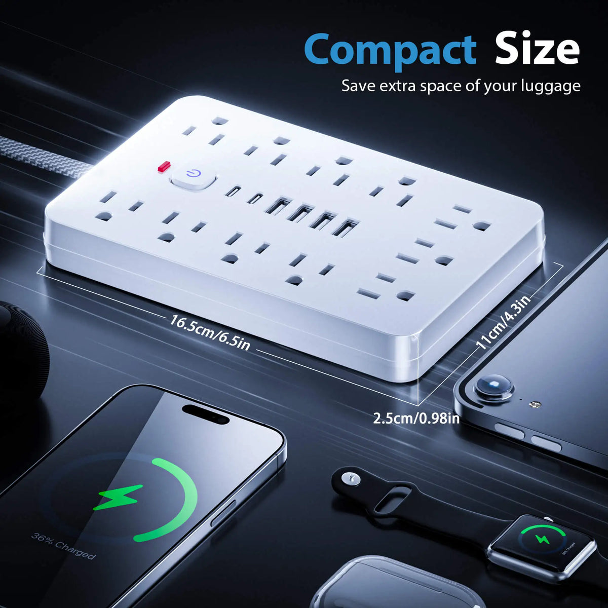 17-in-1 US Power Outlet, 5ft Braided Cord Power Outlet Surge Protector, 11 AC Outlets, 4 USB 2 Type-C, Bedside Charging Station