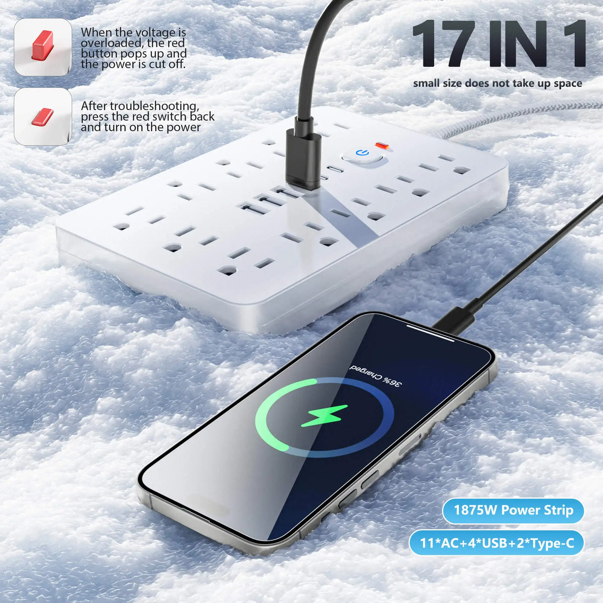 17-in-1 US Power Outlet, 5ft Braided Cord Power Outlet Surge Protector, 11 AC Outlets, 4 USB 2 Type-C, Bedside Charging Station