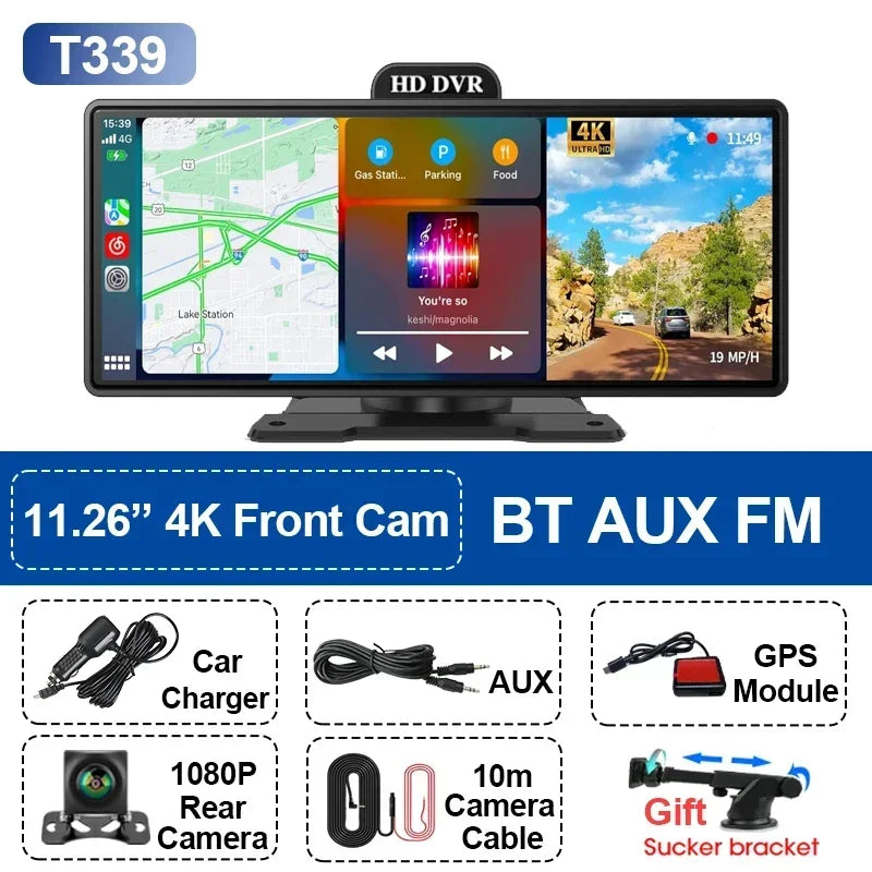 11.26&#39;&#39; inch Car DVR 4K Dash Cam Dual Lens Wireless Carplay &amp; Android Auto Video Recorder Monitor GPS Navigation 5G Wifi FM AUX