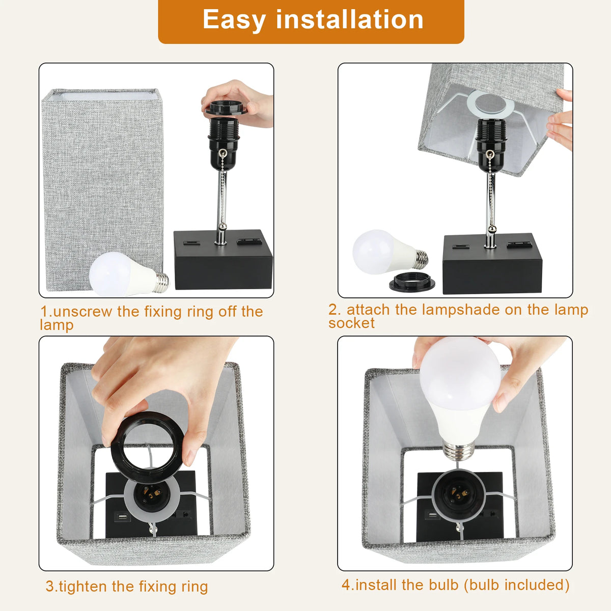 Bedside Lamp Pulling Switch Desk Nightstand Lamp with 2 USB Charge Port Rectangular Fabric Shade for Bedroom Living Room Decor