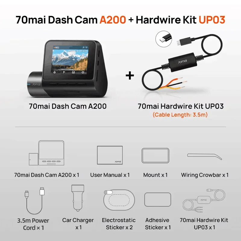 Global 70mai Dash Cam A200 Dual-channel Record 1080P HDR 2&#39;&#39; IPS Screen 24H Parking Monitor 70mai Car DVR A200 WIFI APP 130° FOV