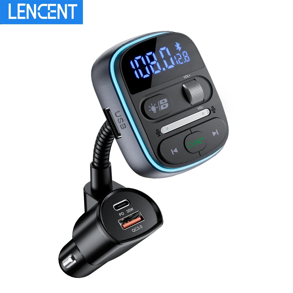 LENCENT Bluetooth 5.0 FM Transmitter Car Adapter with PD 30W &amp; QC3.0 Fast Charger Hi-Fi Music Clear Calling Adapter Car K