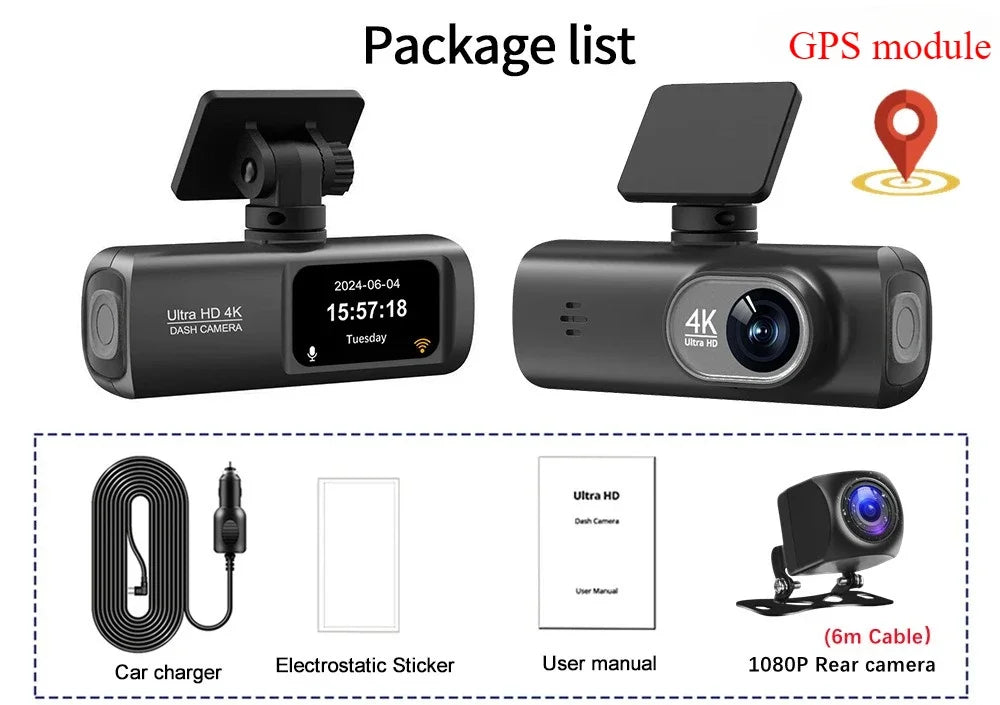 UHD 4K Dash Cam Dual Lens Driving Recorder Car DVR 1080P Rear Lens Camera Built-In WiFi GPSMonitoring 24-Hour Parking Black Box