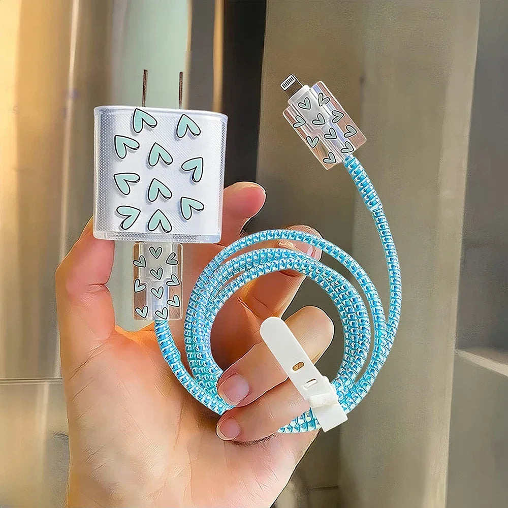 Printing Style Blue Cable Winder Protection For Iphone Apple 11 12 13 Adapter Protector Cover Pink Data Line Protective Shell - Stereotech