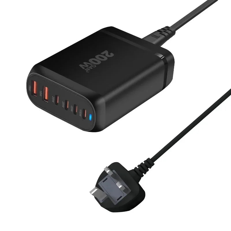 200W GaN Charger, 6-Port Desktop Fast Charging Station, 100W USB C Laptop Charger for MacBook Pro iPhone 15/14/13