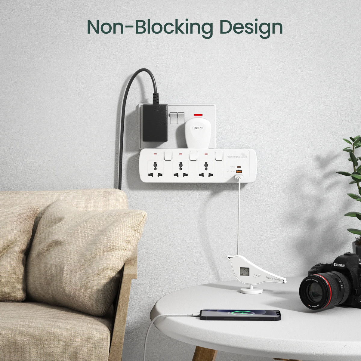 LENCENT Multi Extension Socket with 3 AC Outlet QC 3.0 USB Fast Charging  PD 20W Type C Plug Adapter with Switch for Home Office