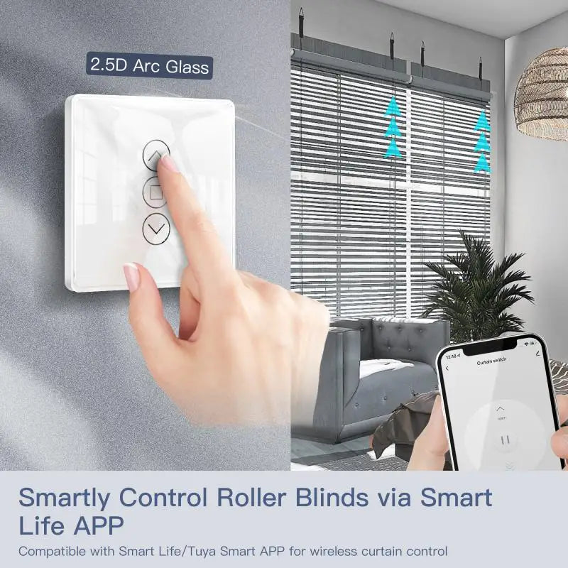 WiFi RF433 Smart 2.5D Arc Glass Touch Panel Curtain Switch For Roller Blinds Shutters With Backlight Switch By Alexa Google Home - Stereotech