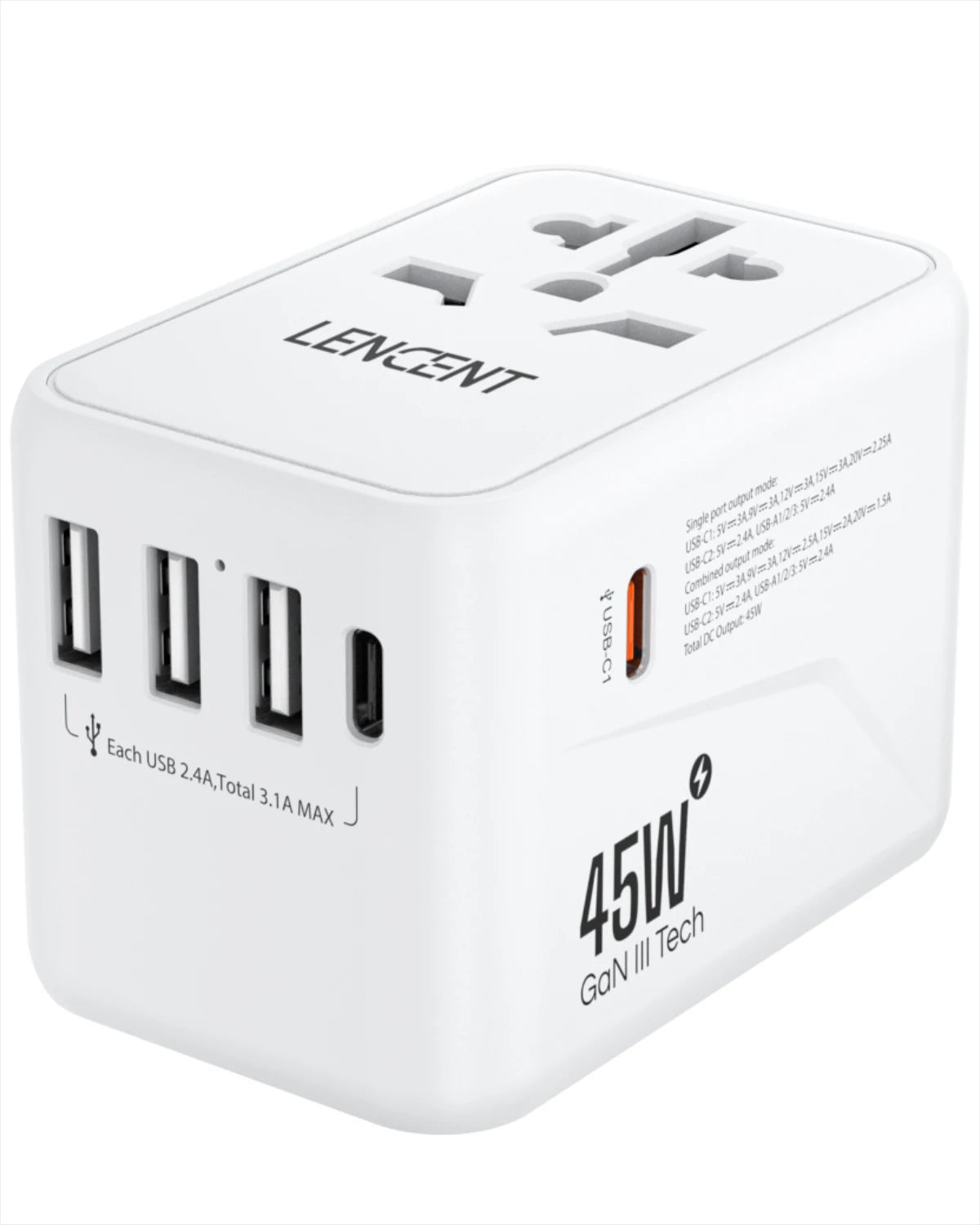 LENCENT International Travel Adapter Travel Charger with 3 USB Port and 1 Type C All-in-one Wall Charger for US EU UK AUS Travel