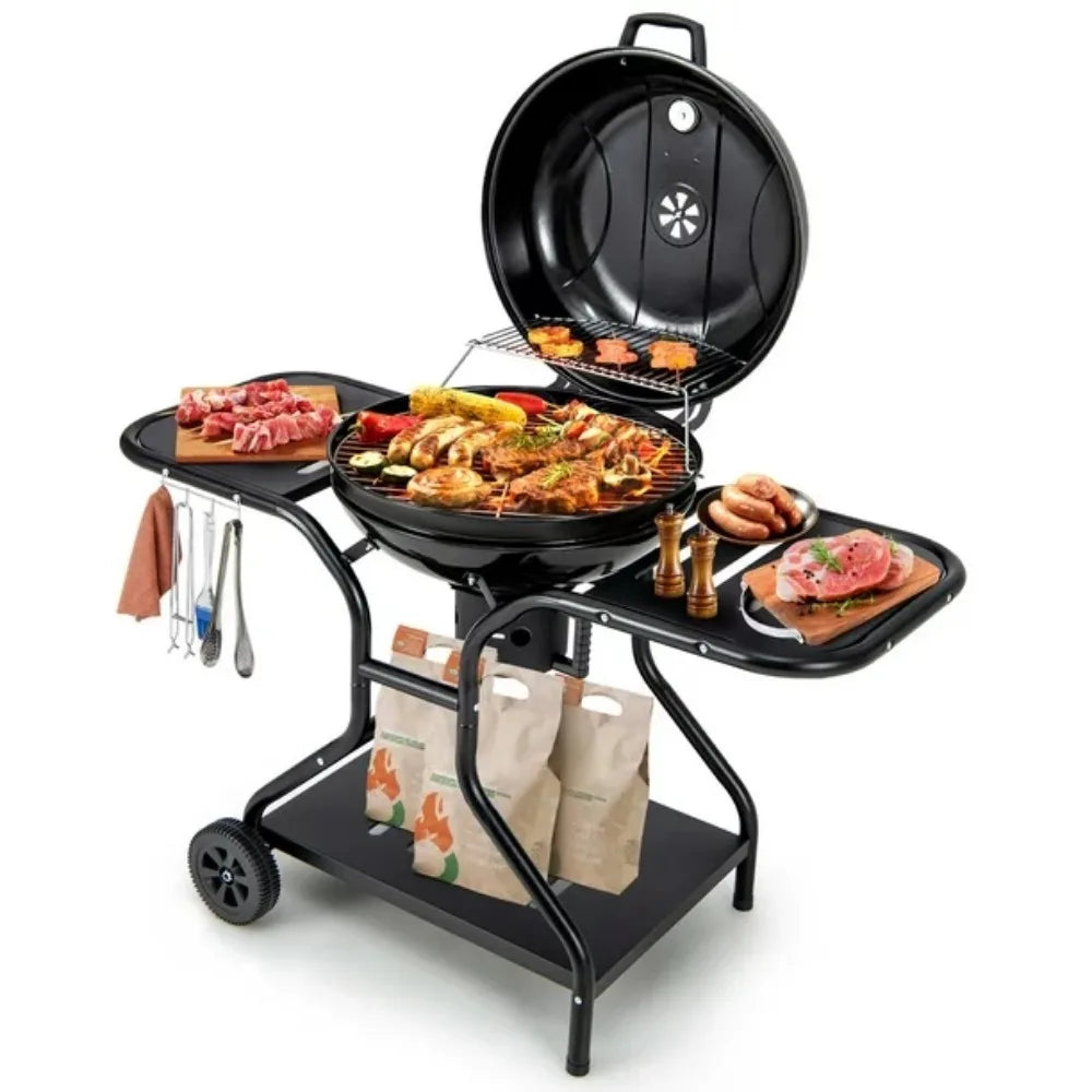 Garden Grill 22 Inch Charcoal BBQ Grill With Built-In Thermometer Wheels Side &amp; Bottom Shelves Barbecue Brazier Camping Supplies - Stereotech