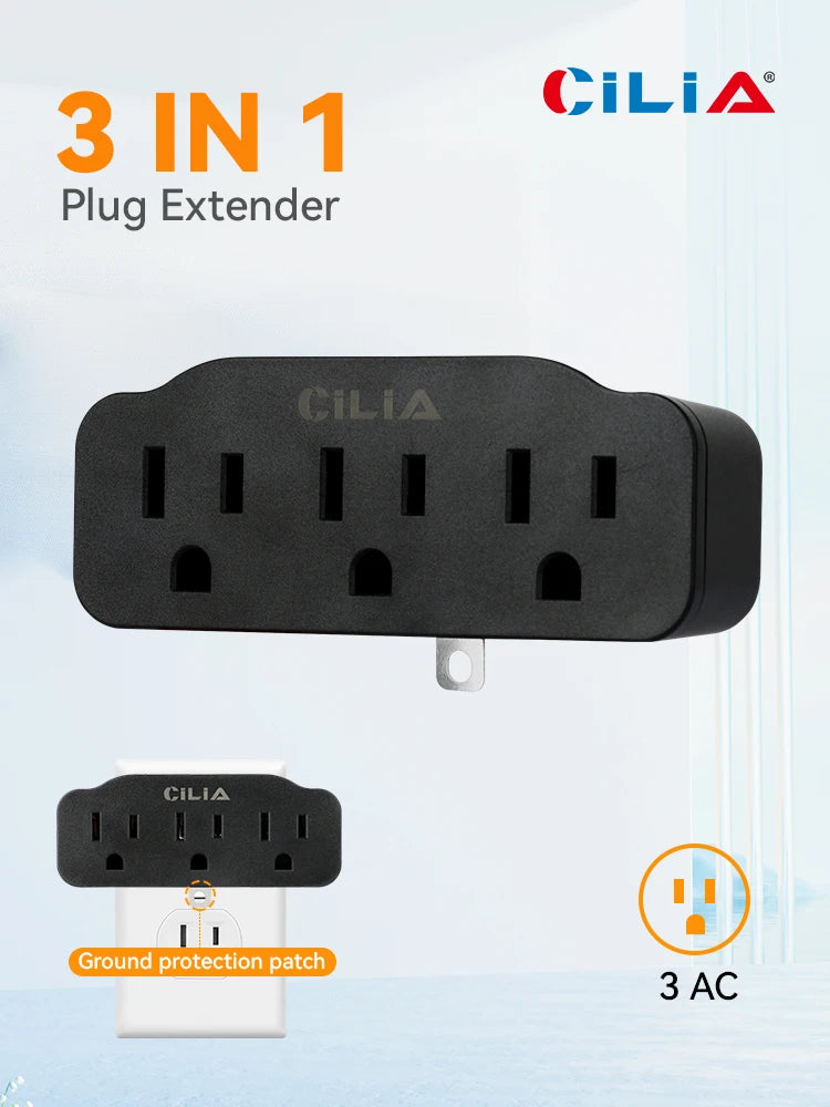 CILIA 3 Outlet Extender Grounded Wall Adapter,outlet splitter,us plug,3AC,125V,15A,1875W，white/black,for home,office electrical