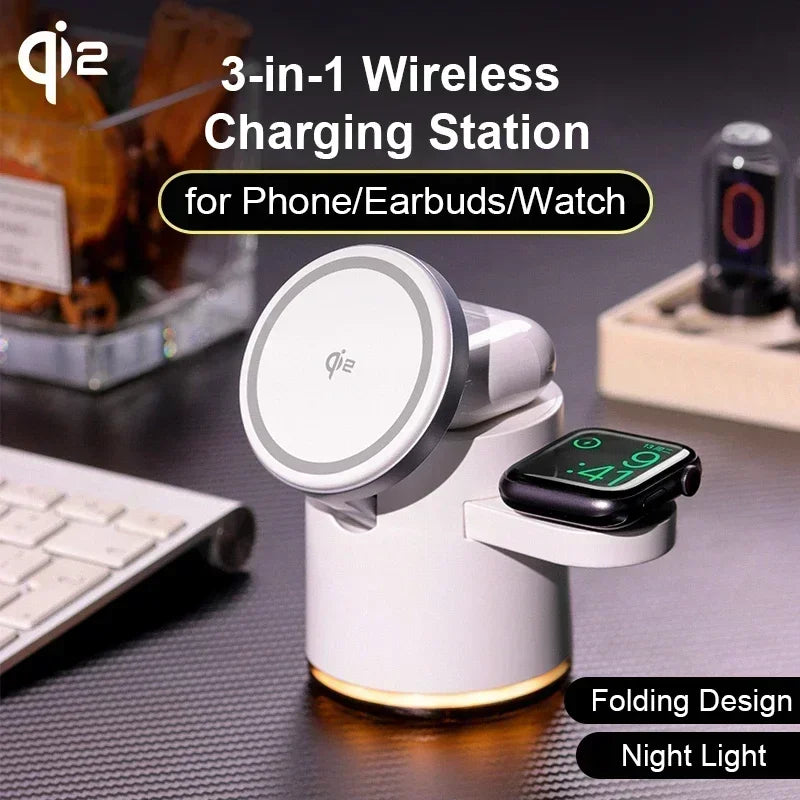 4 in 1 QI2 Wireless Charger Fast Charging Dock Stand Night Light For Magsafe iPhone 16 15 14 Pro Max Airpods Pro Apple Watch 2-8