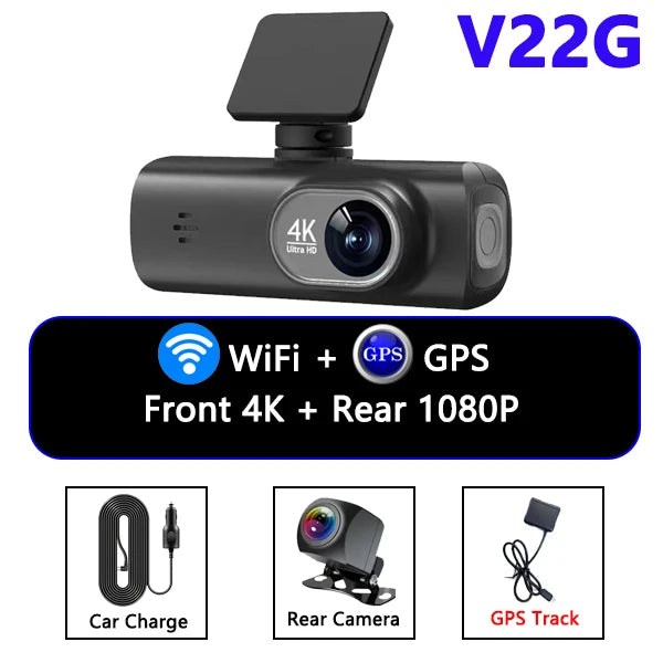 UHD 4K Dash Cam Dual Lens Driving Recorder Car DVR 1080P Rear Lens Camera Built-In WiFi GPS 24-Hour Parking Monitoring Black Box