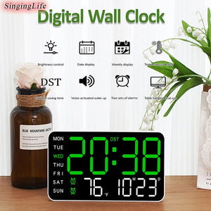 Digital Wall Clock Temperature Date Week Display Dual Alarm Clock Voice Control 5 Levels of Brightness Adjustment Table Clock