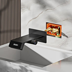 High end bathroom faucet intelligent digital display white brass wall entry design cold and hot dual control basin faucet