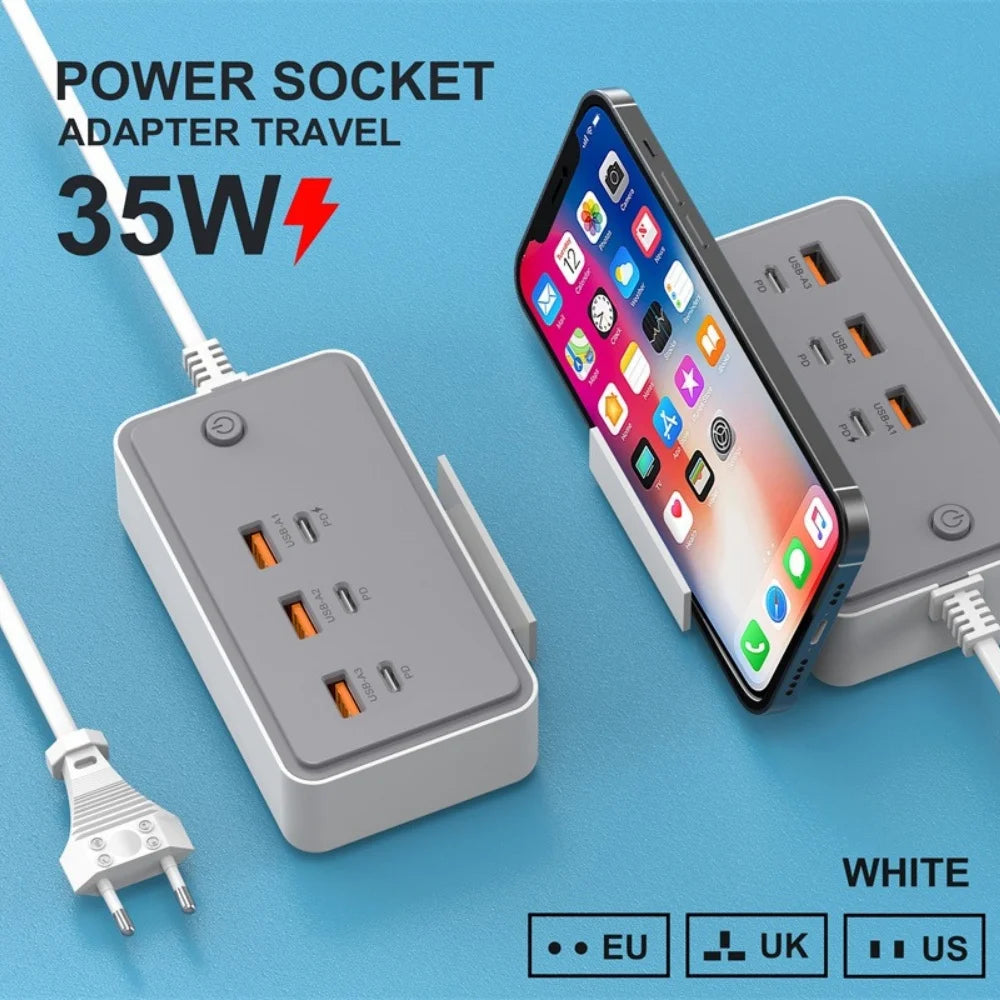 35W Multifunction USB Type C Quick Charge Power Socket with Telescopic Holder 3USB3PD Fast Charging Power Strip For Phone Tablet