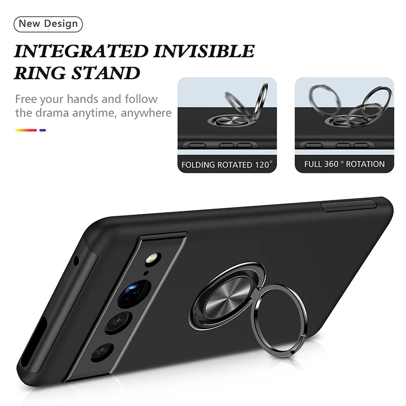 Heavy Duty Armor Shockproof Case For Google Pixel 7 Pro 6A Magnetic Metal Ring Holder Hard Plastic Phone Cover Coque Fundas
