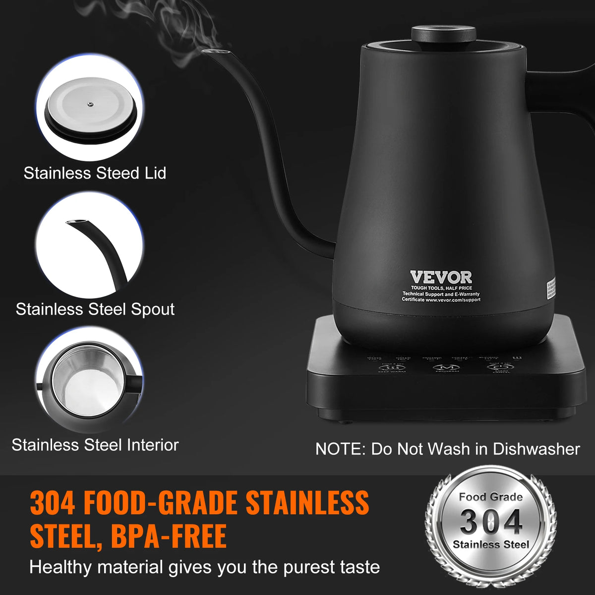VEVOR Electric Gooseneck Kettle 1L Temperature Control Pour Over Coffee Kettle withStainless Steel Hot Water Tea Boiler