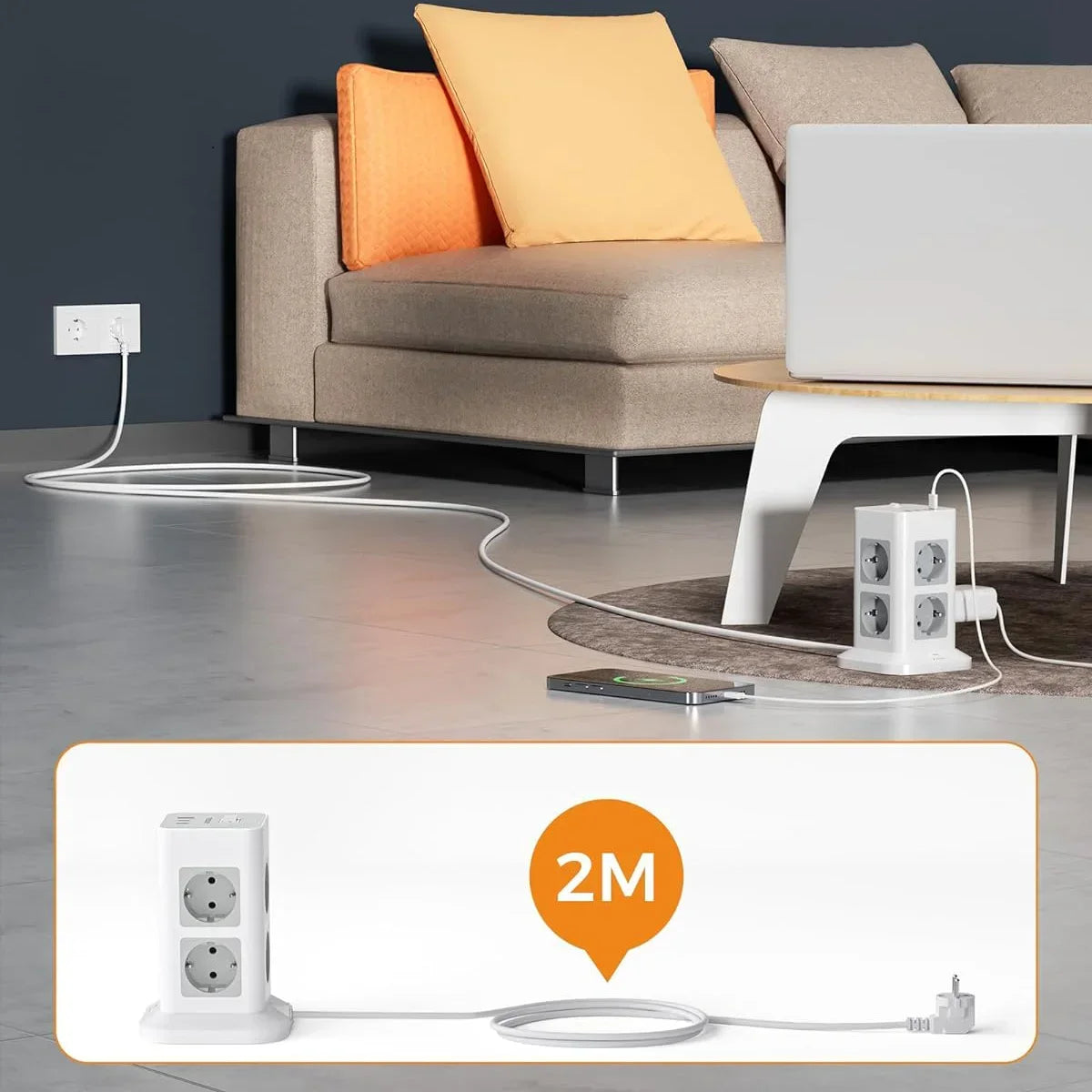 TESSAN Multiple Socket Power Strip with 8 Outlet +1 USB +2 Type C Vertical Tower Socket with 2M Extension Cord Surge Protection