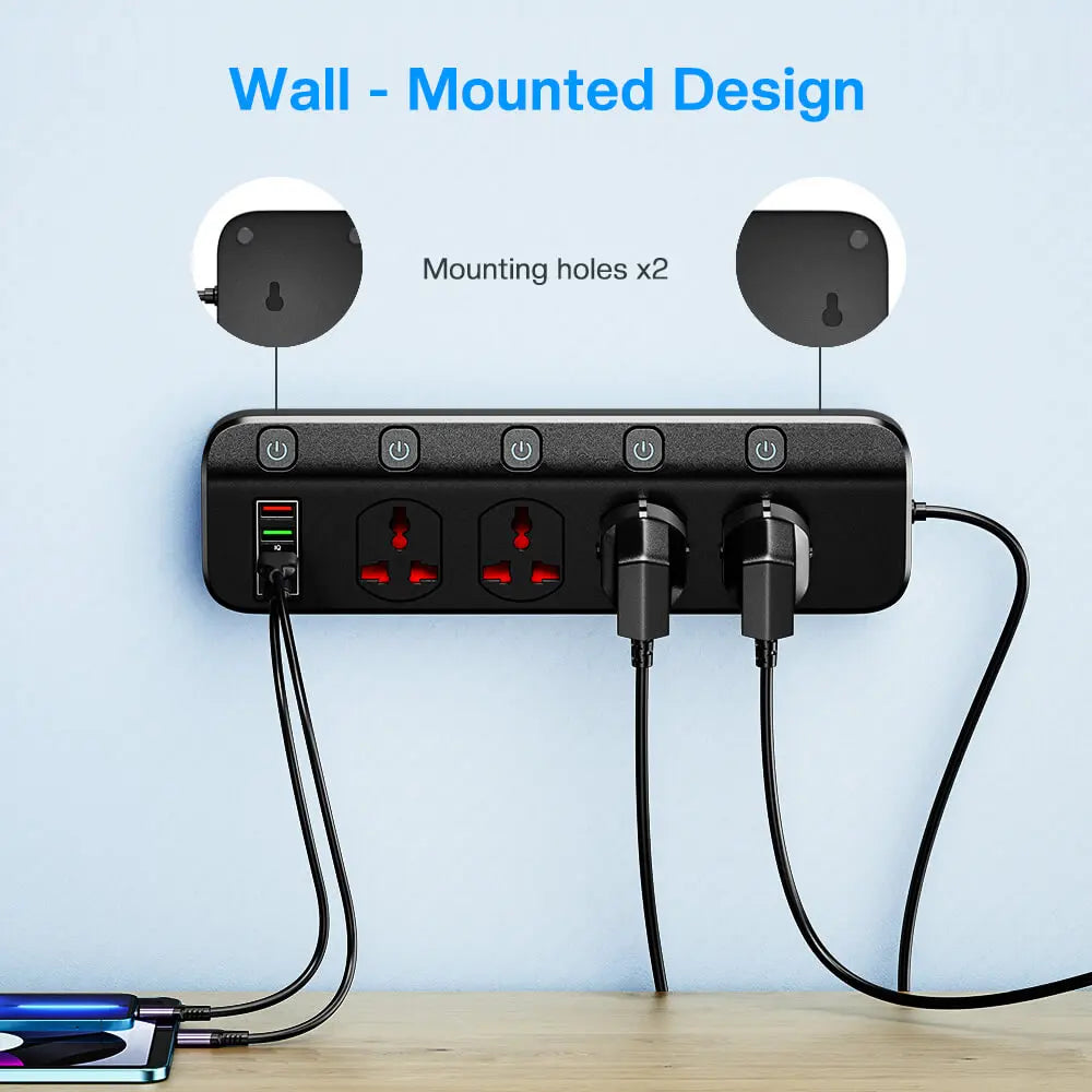 2500W Smart Power Strip USB Wall Socket With Surge Protector 1.97m Extension Cord Type C USB Socket Plug Adapter for Home Office