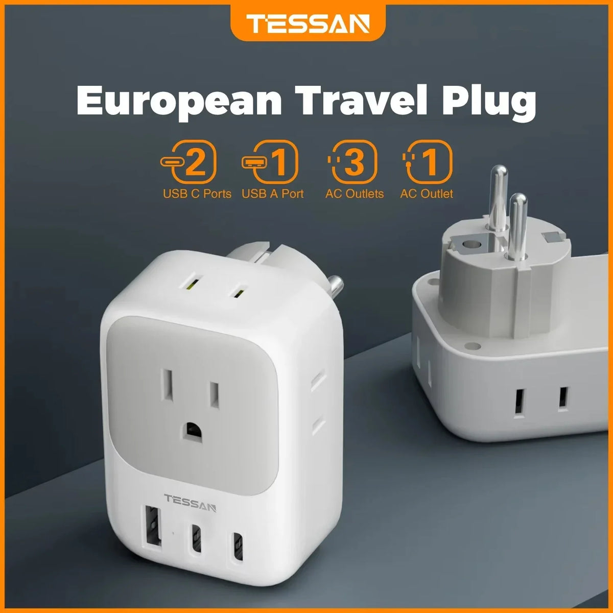 TESSAN US to EU Travel Adapter with 4 AC Outlets 3 USB Ports 7 in 1 Type E/F Plug Adaptor for Spain French Russia Wall Socket
