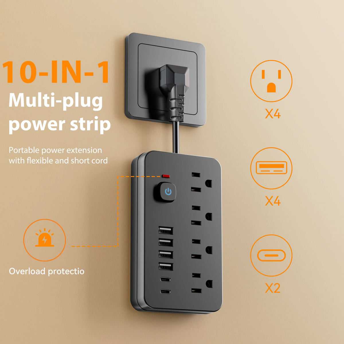 10-in-1 US Power Outlet, Power Outlet Surge Protector, 4 AC Outlets, 4 USB 2 Type-C, Desktop Charging Station with Overload Prot
