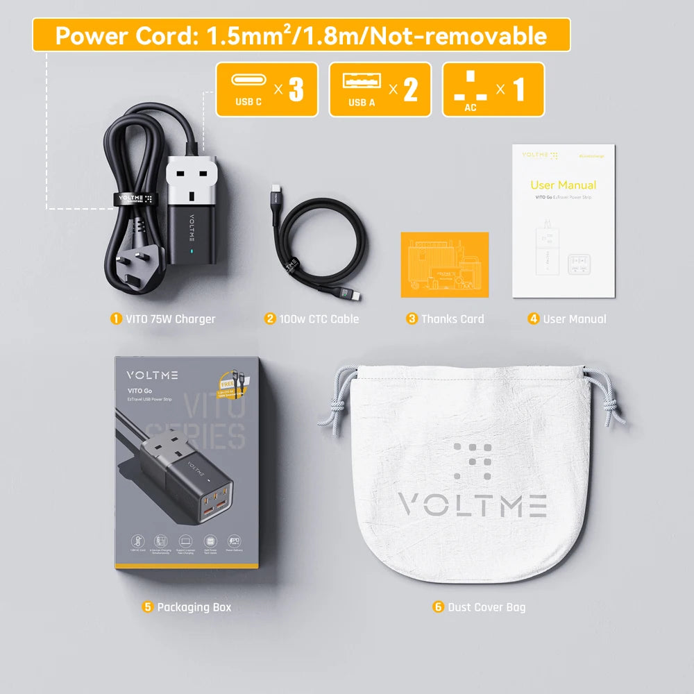 VOLTME 75W Desktop Charger Power Strip Quick Charge USB Type C Fast Charging Station For MacBook iPhone Xiaomi iPad Samsung