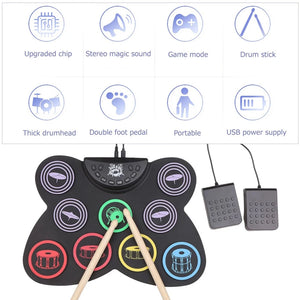 Roll Drum 9 Pads Pad Digital Drum Kit Pedal Controller with Drum Sticks Touch Sensitivity Great Holiday Birthday Gift for Kids