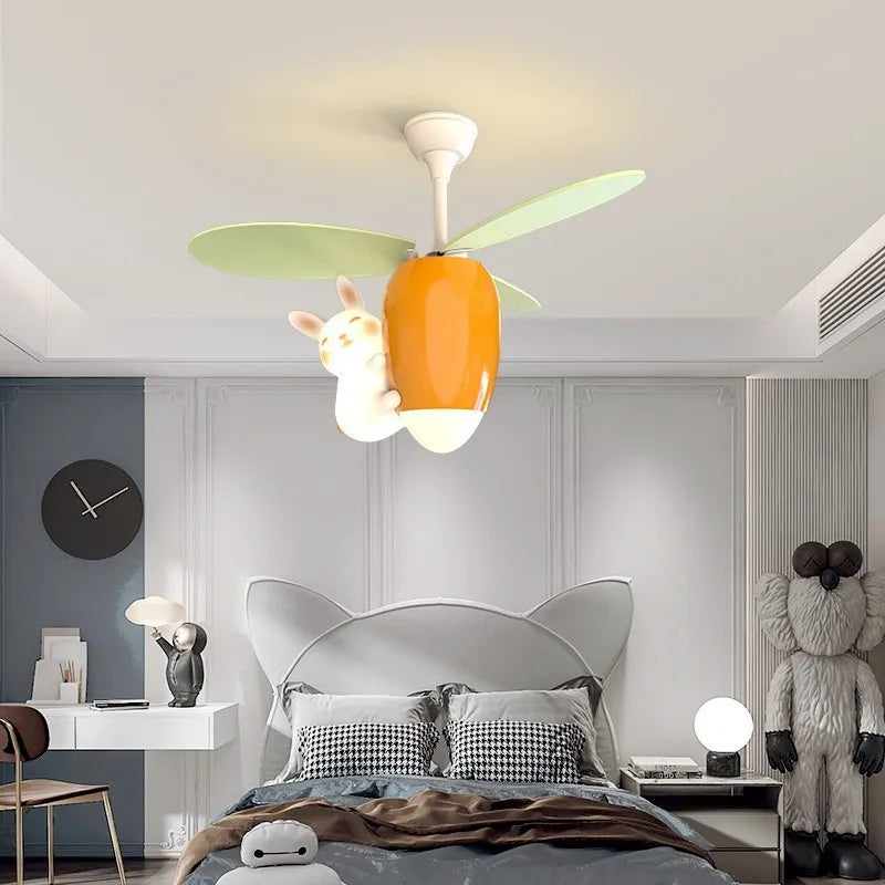 Children&#39;s Room Pendant Light Fan Cute Cartoon Rabbit Carrot Helicopter Shaped Boy And Girl Bedroom Ceiling Fan Lamp