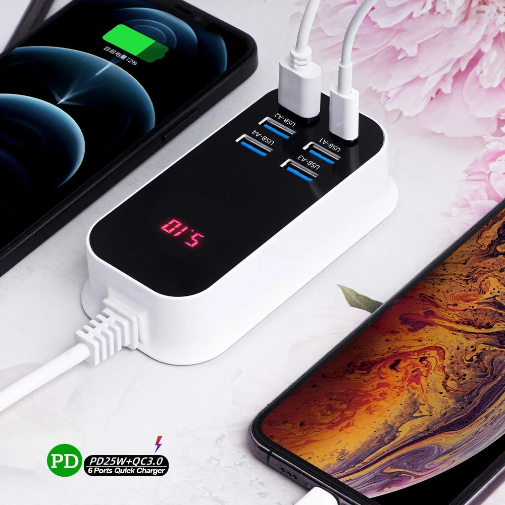 50W Multiple Port USB Charger PD25W Type C QC3.0 Fast Charging Desktop Wall Power Adapter Phone UK EU US Korea Plug Quick Charge
