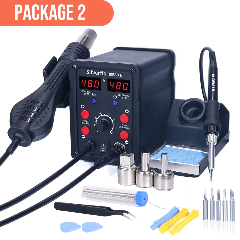 Silverflo 8586D Soldering Station 2 IN 1 Hot Air  Solder Station with 2 Digital display,10-Minute Sleep Mode for SMD Rework