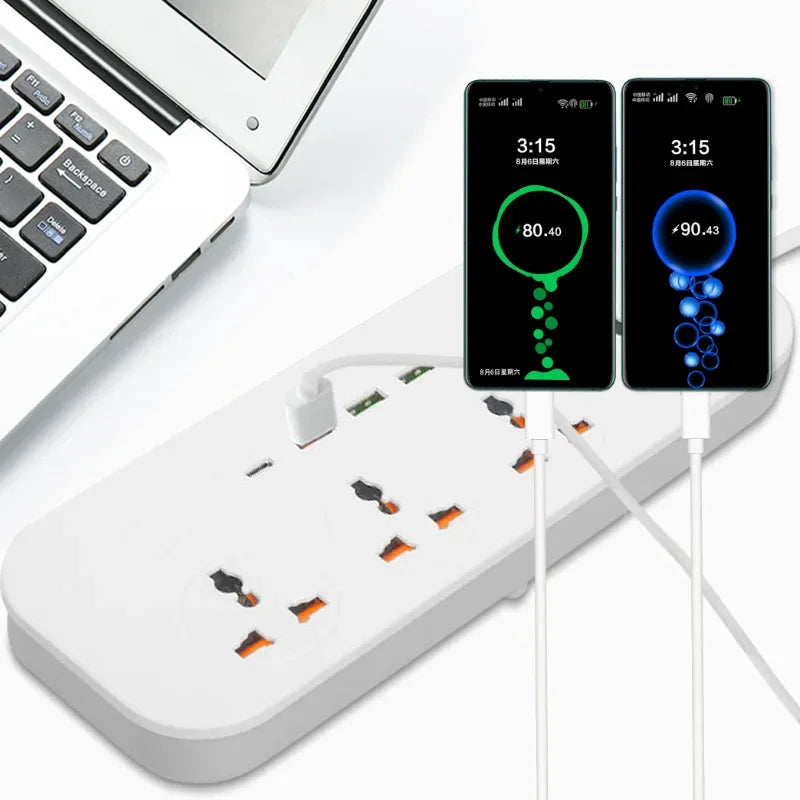 Power Strip EU UK US Plug Surge Protector Socket 2m Extension Cord with 3 USB 1 Type-C Ports 3/4 Jacks Universal Outlet for Home