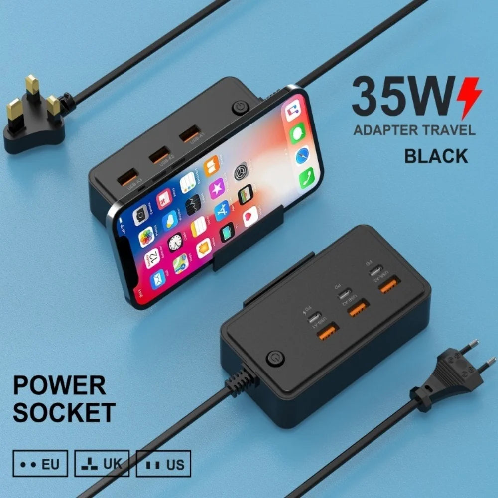 35W Multifunction USB Type C Quick Charge Power Socket with Telescopic Holder 3USB3PD Fast Charging Power Strip For Phone Tablet