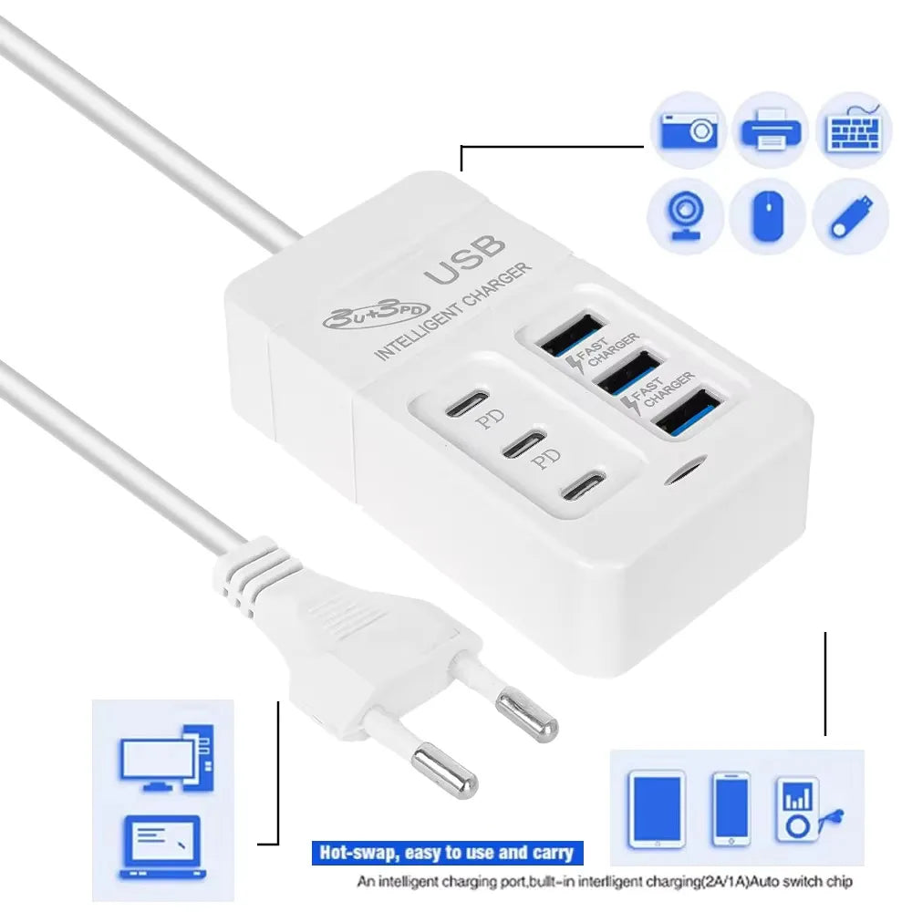 6 IN 1 USB Charger 35W PD Type C Fast Charge Charger Wall Phone Adapter Quick Charger 3.0 USB Hub EU US Plug USB Type C Charger