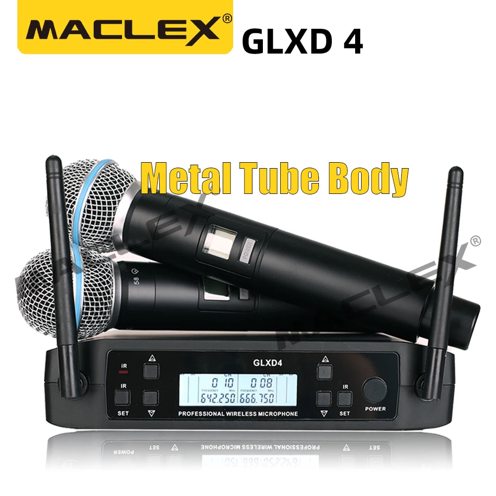 Maclex GLXD4 wireless microphone 2 channel UHF professional performance host live broadcast metal handheld microphone