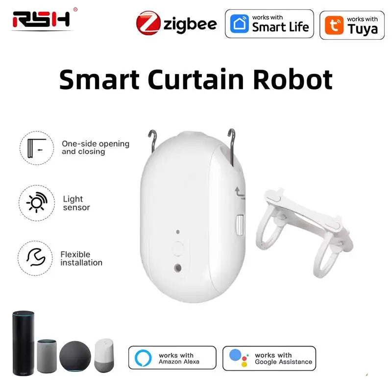 RSH Zigbee Tuya Smart Electric Curtain Robot Timing Auto Opener Closer Light Sensor App Remote Control Support Alexa GoogleHome
