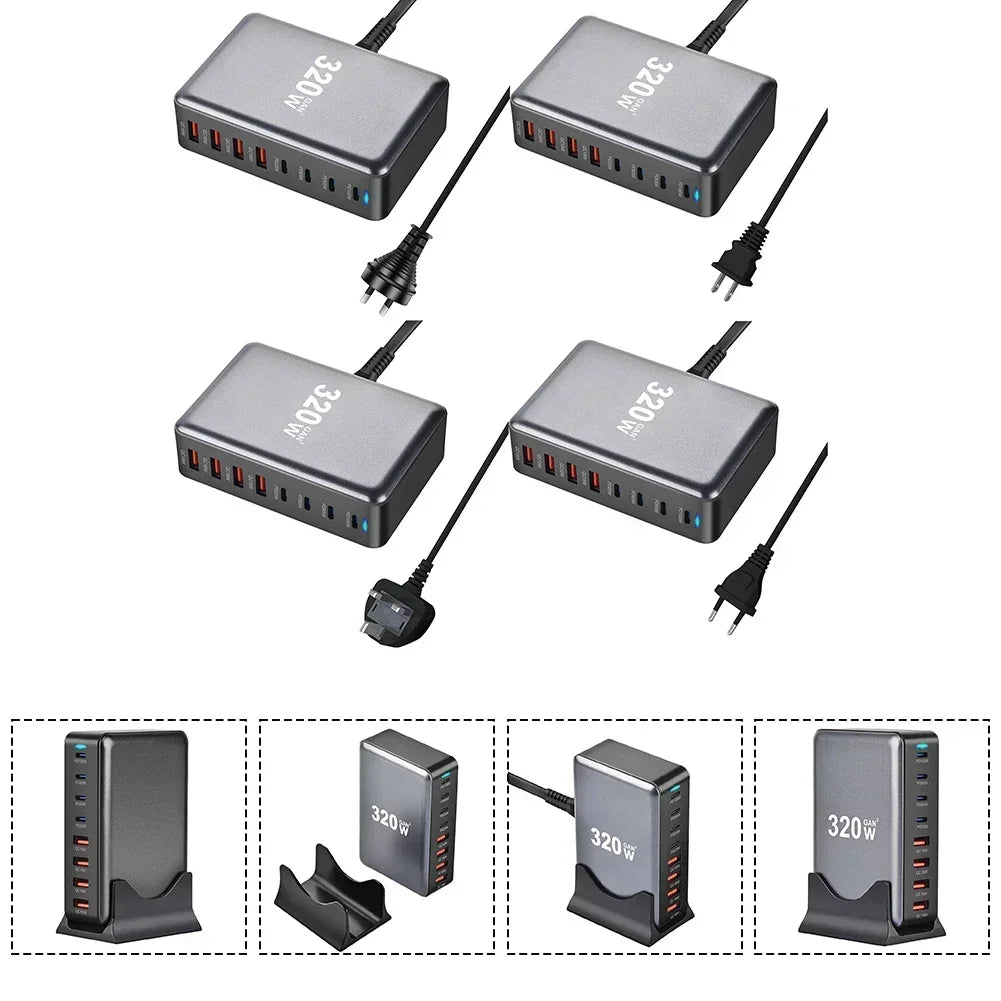 320W Multi USB Type C Fast Charger GaN 8 Ports 4C+4A Charging Station For-IPad For-iPhone 15 14 13 For Samsung S23 Tablet