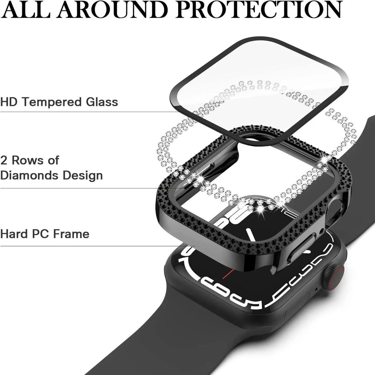 Tempered Glass+Cover For Apple watch Case 45mm 41mm 44mm 40mm Bling Diamond Bumper Screen Protector iWatch series 9 8 7 6 5 4 SE - Stereotech