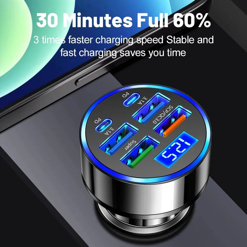 6 Ports Car Charger PD QC3.0 USB C Car Phone Charger Type C Adapter in Car 100W Fast Charging For IPhone Samsung Huawei Xiaomi