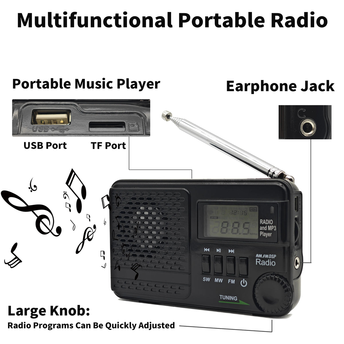 SY-1192 AM FM SW 3-Band Transistor Pocket Radio Battery Operate   Support USB/TF Card Headphone Jack Timer Alarm Clock(Black)