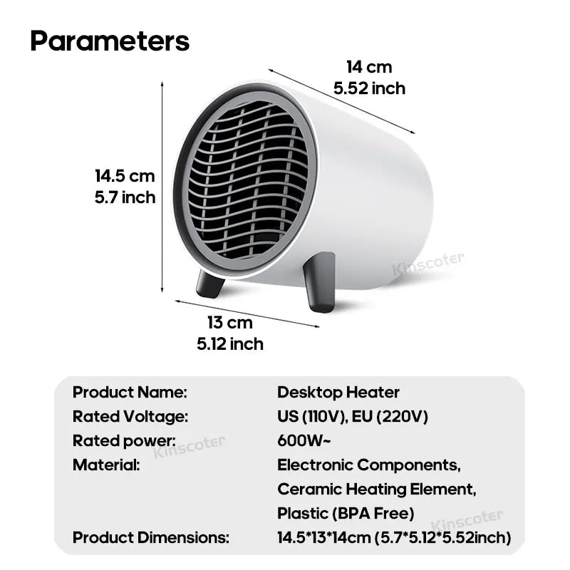 Electric Heater Desktop Quick Heat Warm Air Blower No Light 600W Portable Heater Warmer Machine Household Winter